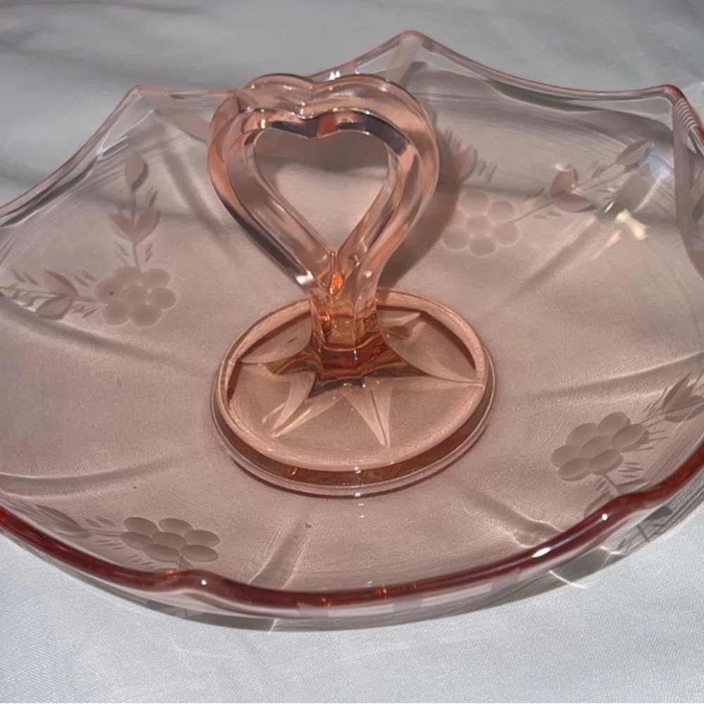 Pink Depression Glass Heart Handle Serving Dish Plate Floral Etched